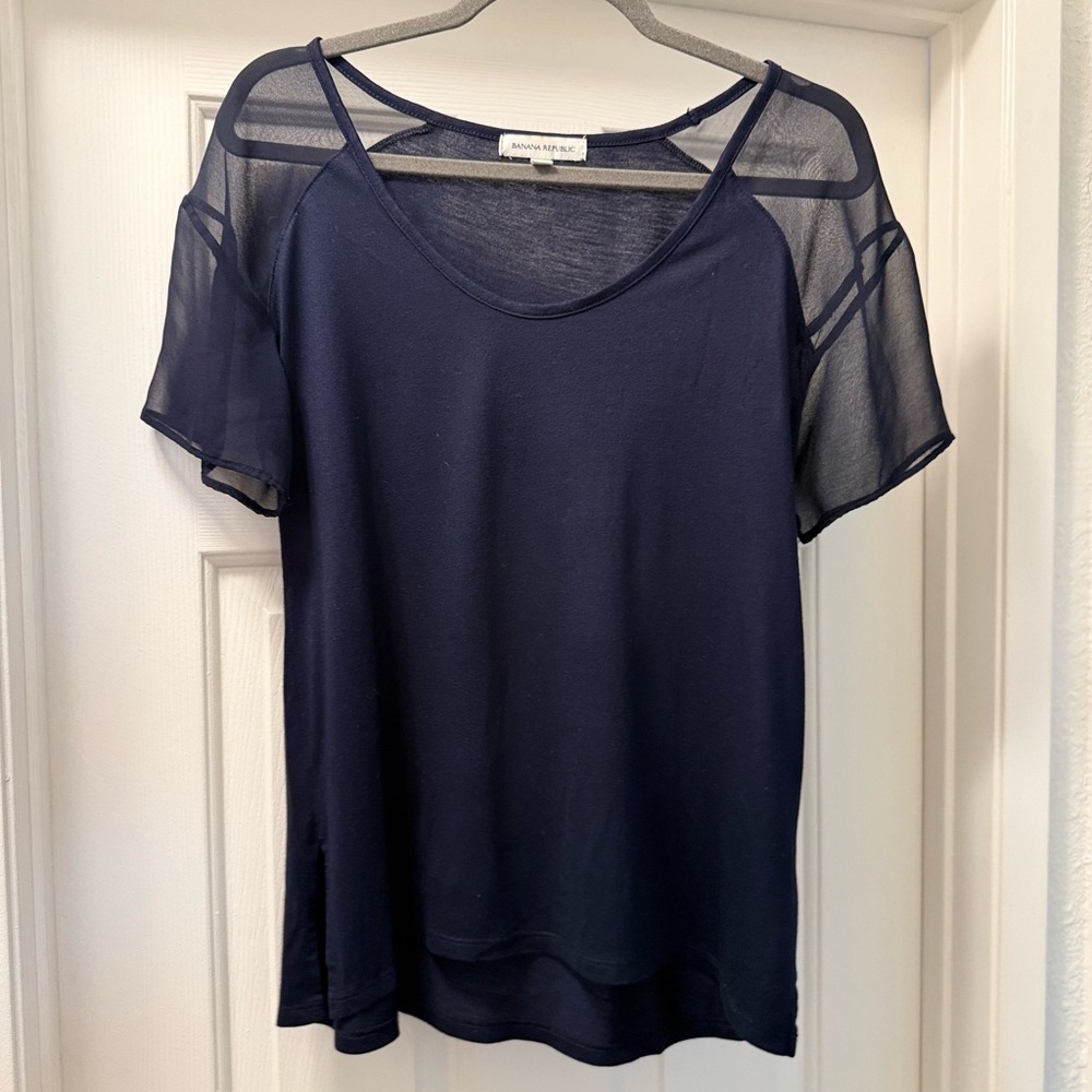 Banana Republic Navy Sheer Sleeve Tee